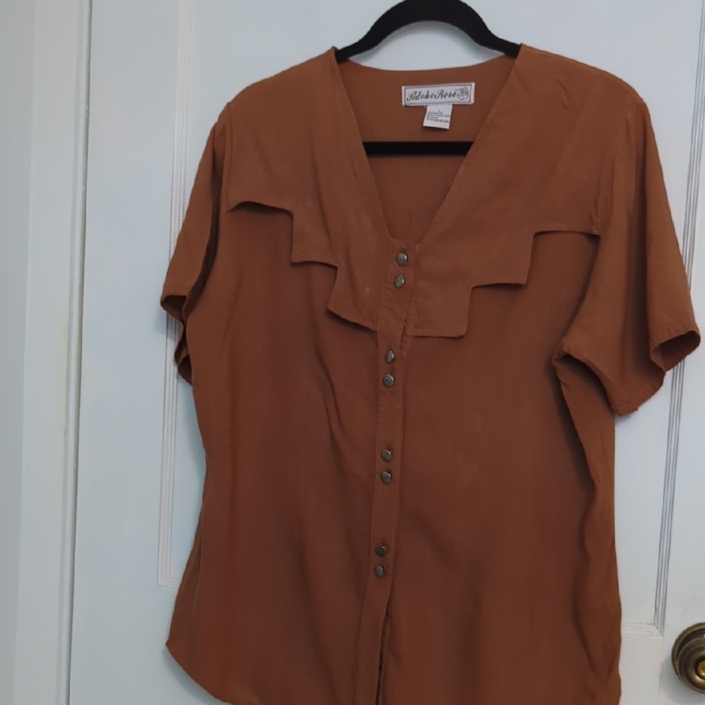 Adobe Rose Sz L Brown Terracotta Button-Down Short Sleeve Shirt